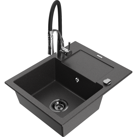 Mexen Enzo 1-bowl granite sink with drainer and Aster kitchen faucet, black speckled - 6506-76-73450-07-B