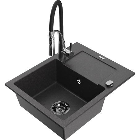 Mexen Enzo 1-compartment granite sink with a drip tray and kitchen mixer tap Aster, spotted black - 6506-76-73450-07-B