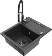 Mexen Enzo 1-bowl granite sink with drainer and Aster kitchen faucet, black speckled - 6506-76-73450-07-B