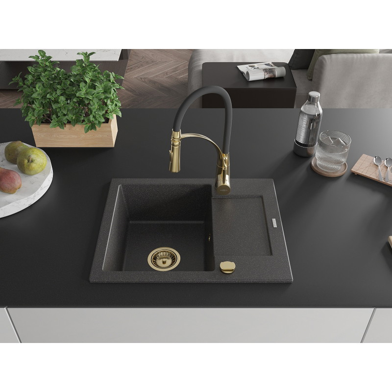 Mexen Enzo granite sink 1-bowl with drainer and kitchen faucet Aster, speckled black - 6506-76-73450-57-G