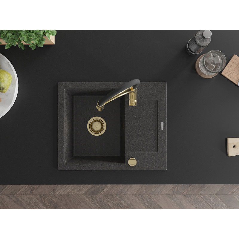 Mexen Enzo granite sink single bowl with drainer and Aster kitchen tap, speckled black - 6506-76-73450-57-G