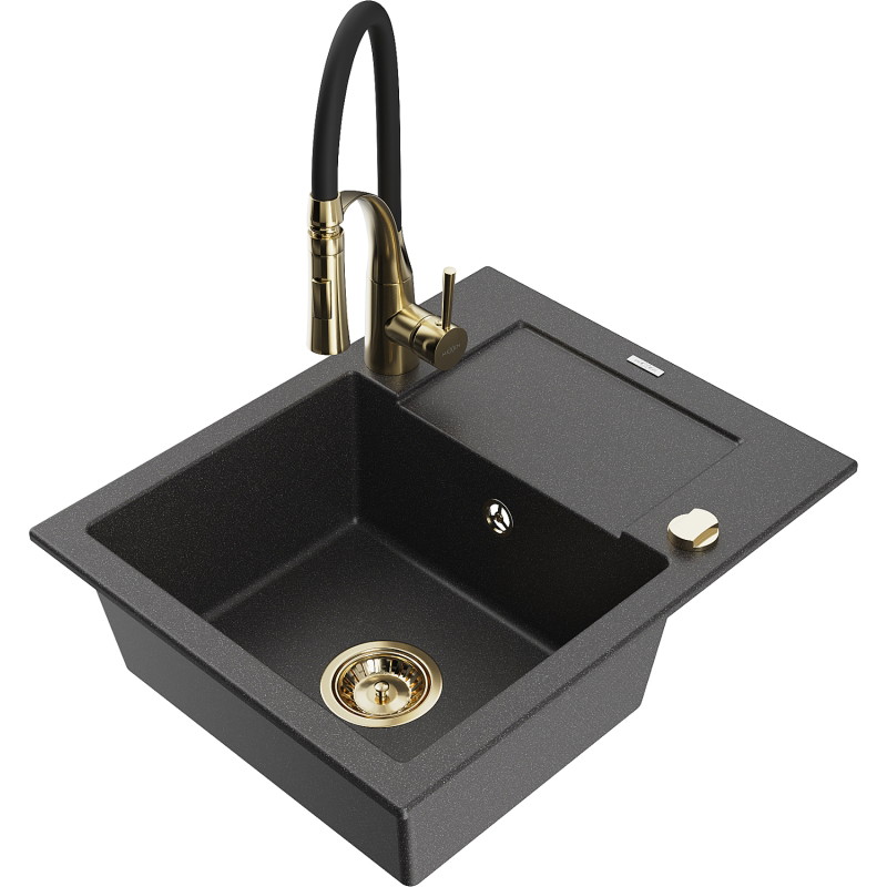 Mexen Enzo granite kitchen sink 1-bowl with drainer and kitchen faucet Aster, black speckled - 6506-76-73450-57-G