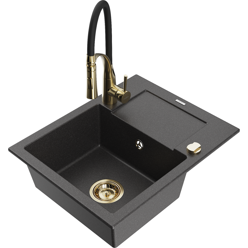 Mexen Enzo granite sink single bowl with drainer and Aster kitchen tap, speckled black - 6506-76-73450-57-G