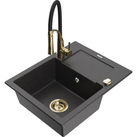Mexen Enzo granite kitchen sink 1-bowl with drainer and kitchen faucet Aster, black speckled - 6506-76-73450-57-G