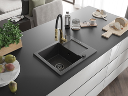 Mexen Enzo granite sink 1-bowl with drainer and kitchen faucet Aster, speckled black - 6506-76-73450-57-B
