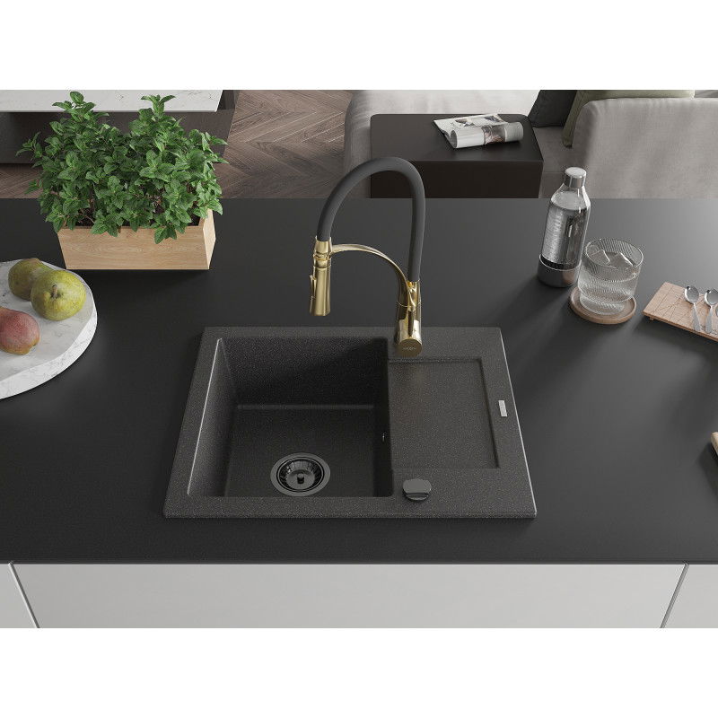 Mexen Enzo granite kitchen sink 1-bowl with drainer and Aster kitchen tap, black speckled - 6506-76-73450-57-B