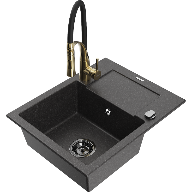 Mexen Enzo granite kitchen sink 1-bowl with drainer and Aster kitchen tap, black speckled - 6506-76-73450-57-B