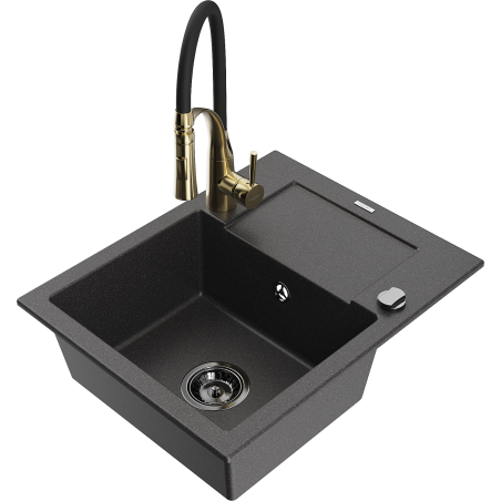 Mexen Enzo 1-compartment granite sink with a drip tray and kitchen mixer tap Aster, spotted black - 6506-76-73450-57-B