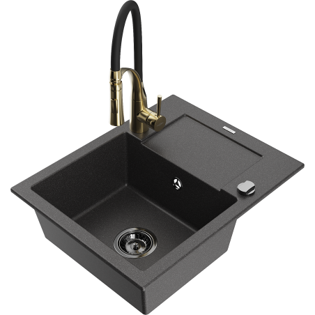 Mexen Enzo granite kitchen sink 1-bowl with drainer and Aster kitchen tap, black speckled - 6506-76-73450-57-B