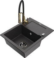 Mexen Enzo granite kitchen sink 1-bowl with drainer and Aster kitchen tap, black speckled - 6506-76-73450-57-B