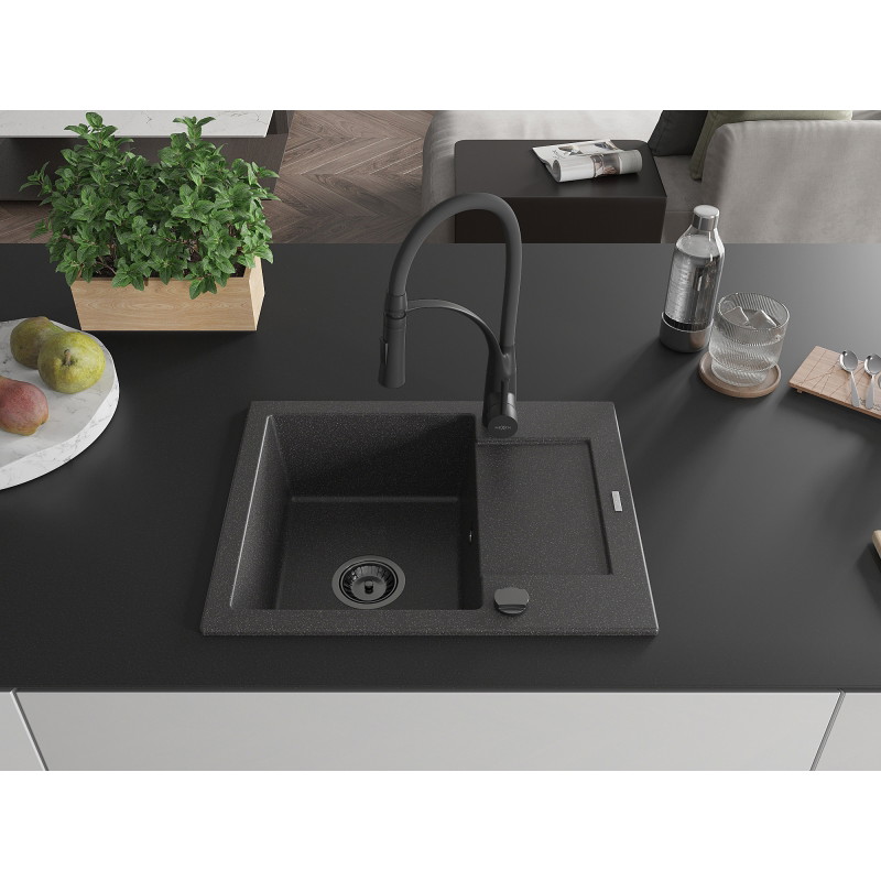 Mexen Enzo 1-bowl granite sink with drainer and Aster kitchen faucet, black speckled - 6506-76-73450-70-B