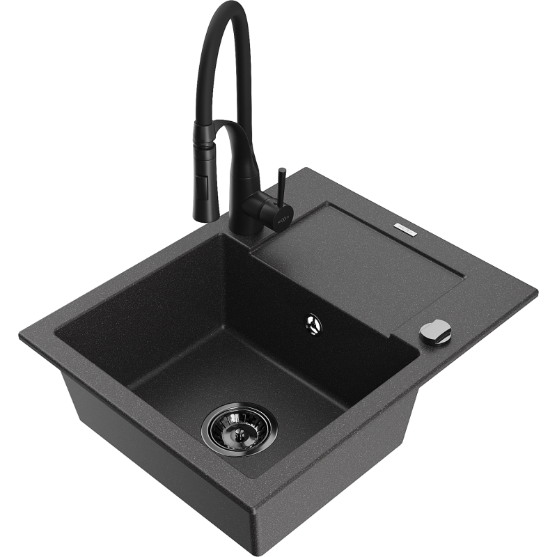Mexen Enzo 1-compartment granite sink with a drip tray and kitchen mixer tap Aster, spotted black - 6506-76-73450-70-B