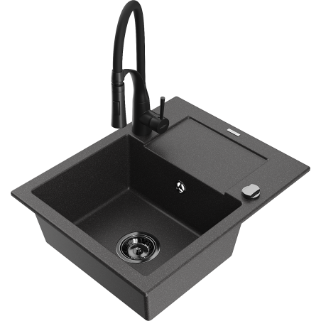 Mexen Enzo granite kitchen sink with 1 bowl and drainer, Aster kitchen faucet, black speckled - 6506-76-73450-70-B
