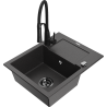 Mexen Enzo 1-bowl granite sink with drainer and Aster kitchen faucet, black speckled - 6506-76-73450-70-B