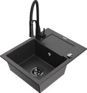 Mexen Enzo 1-bowl granite sink with drainer and Aster kitchen faucet, black speckled - 6506-76-73450-70-B
