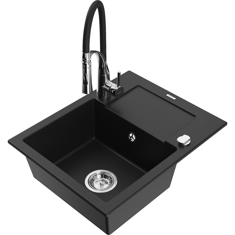 Mexen Enzo 1-Bowl Granite Sink with Drainer and Aster Kitchen Faucet, Black - 6506-77-73450-07