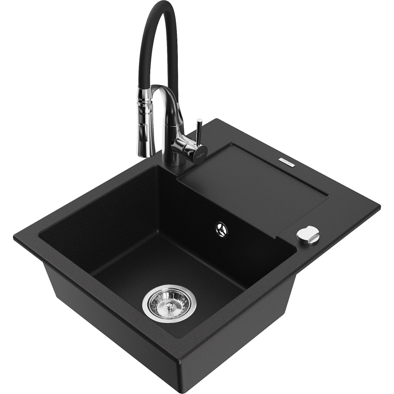 Mexen Enzo 1-compartment granite sink with a drip tray and kitchen mixer tap Aster, Black - 6506-77-73450-07