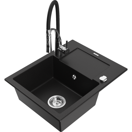Mexen Enzo 1-Bowl Granite Sink with Drainer and Aster Kitchen Faucet, Black - 6506-77-73450-07