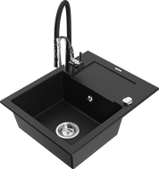 Mexen Enzo granite sink with 1 bowl, draining board, and Aster kitchen faucet, black - 6506-77-73450-07