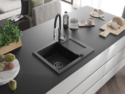 Mexen Enzo 1-compartment granite sink with a drip tray and kitchen mixer tap Aster, Black - 6506-77-73450-07-B