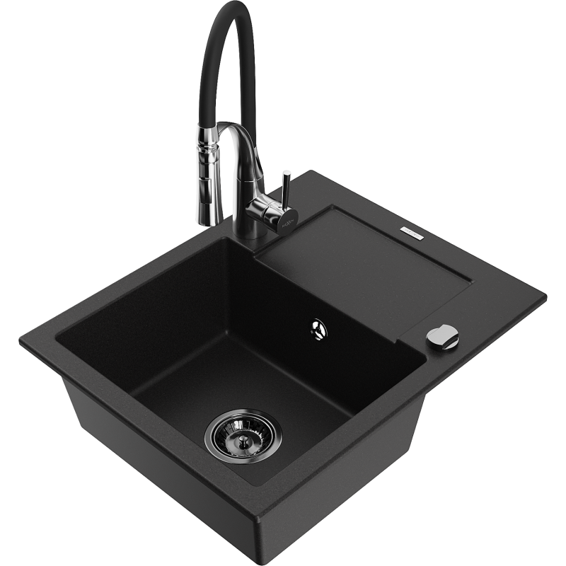 Mexen Enzo 1-compartment granite sink with a drip tray and kitchen mixer tap Aster, Black - 6506-77-73450-07-B