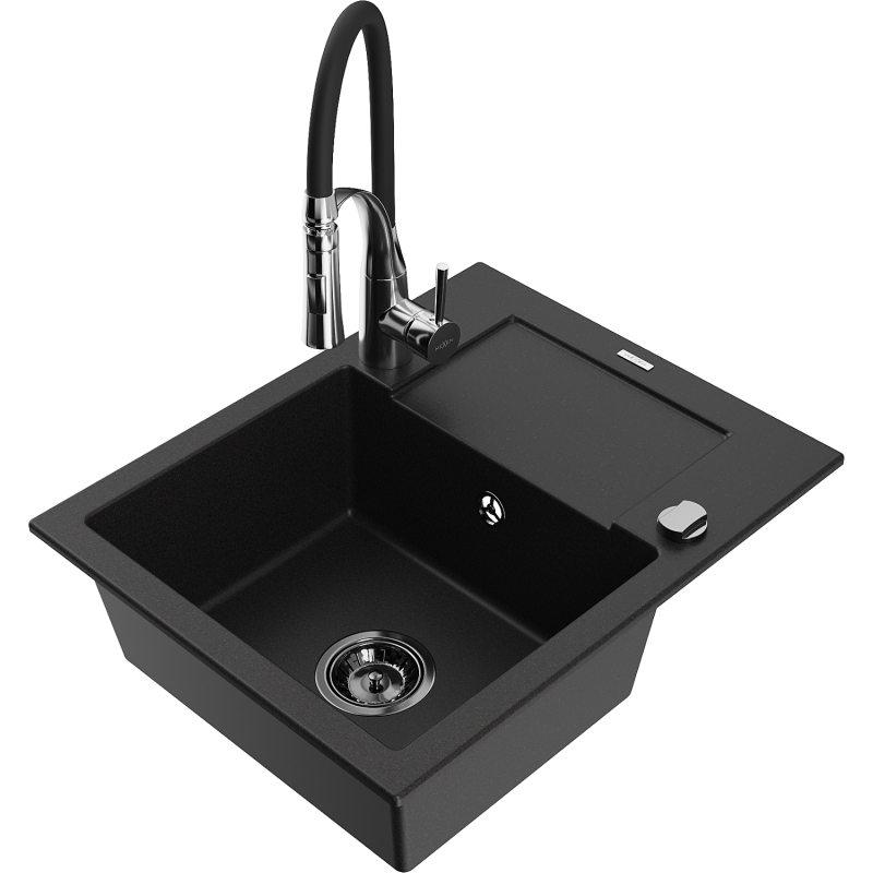 Mexen Enzo granite sink 1-bowl with drainer and Aster kitchen tap, black - 6506-77-73450-07-B