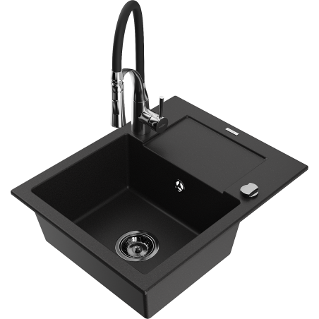 Mexen Enzo 1-compartment granite sink with a drip tray and kitchen mixer tap Aster, Black - 6506-77-73450-07-B
