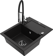 Mexen Enzo 1-compartment granite sink with a drip tray and kitchen mixer tap Aster, Black - 6506-77-73450-07-B