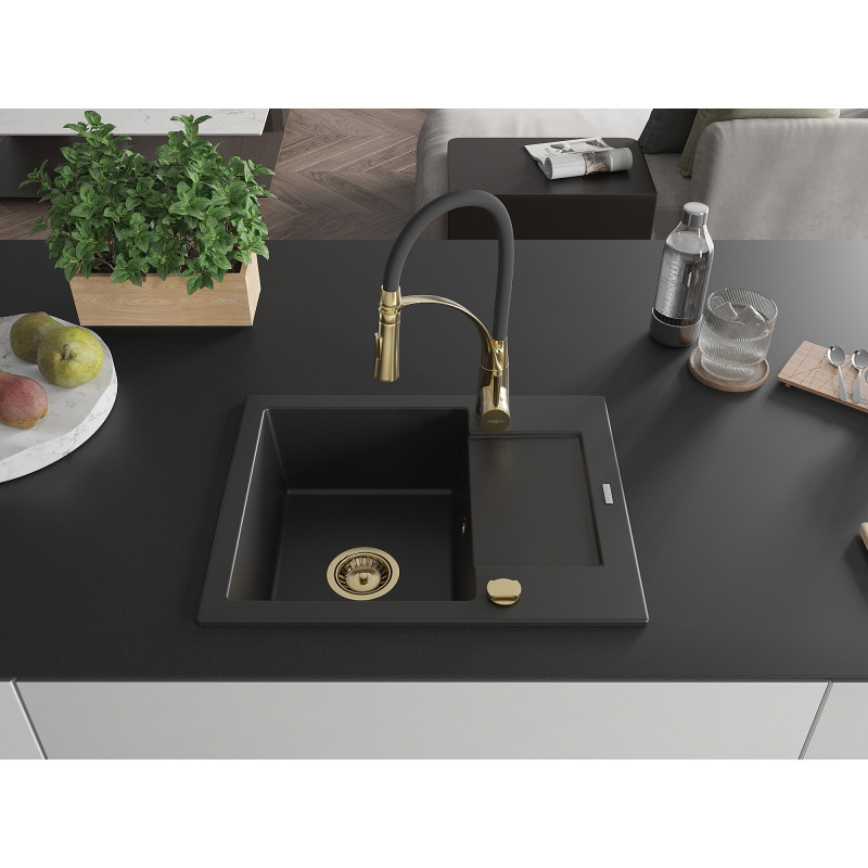 Mexen Enzo granite kitchen sink 1-bowl with drainer and kitchen faucet Aster, black - 6506-77-73450-57-G