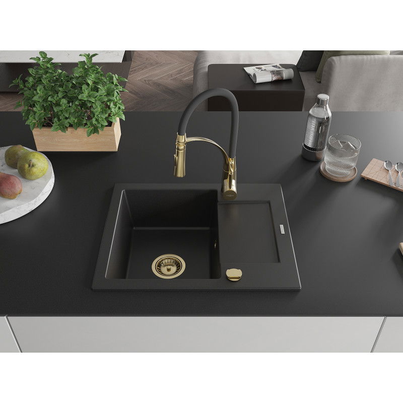Mexen Enzo granite sink 1-bowl with drainer and Aster kitchen tap, black - 6506-77-73450-57-G