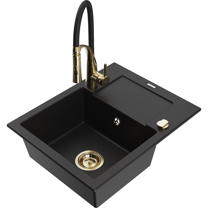 Mexen Enzo 1-compartment granite sink with a drip tray and kitchen mixer tap Aster, Black - 6506-77-73450-57-G