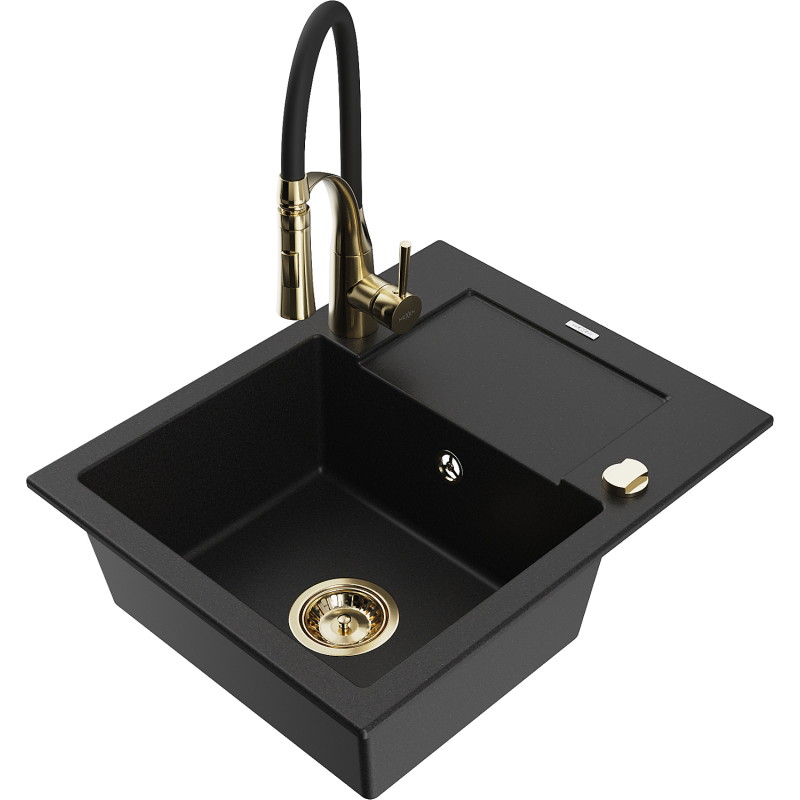 Mexen Enzo granit sink single-basin with drainer and kitchen faucet Aster, black - 6506-77-73450-57-G