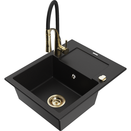 Mexen Enzo 1-compartment granite sink with a drip tray and kitchen mixer tap Aster, Black - 6506-77-73450-57-G