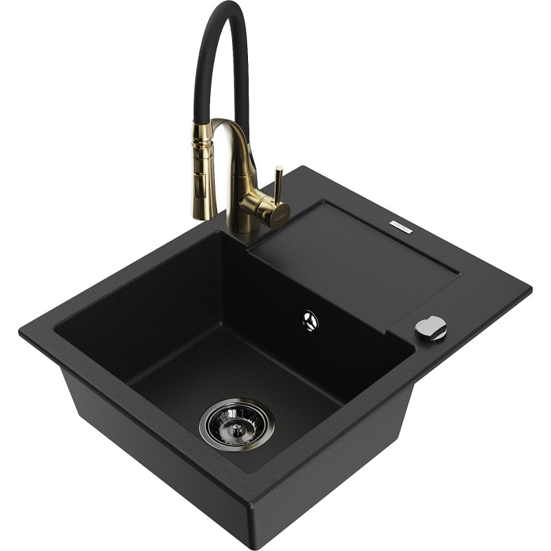 Mexen Enzo 1-compartment granite sink with drainer and Aster kitchen faucet, black - 6506-77-73450-57-B