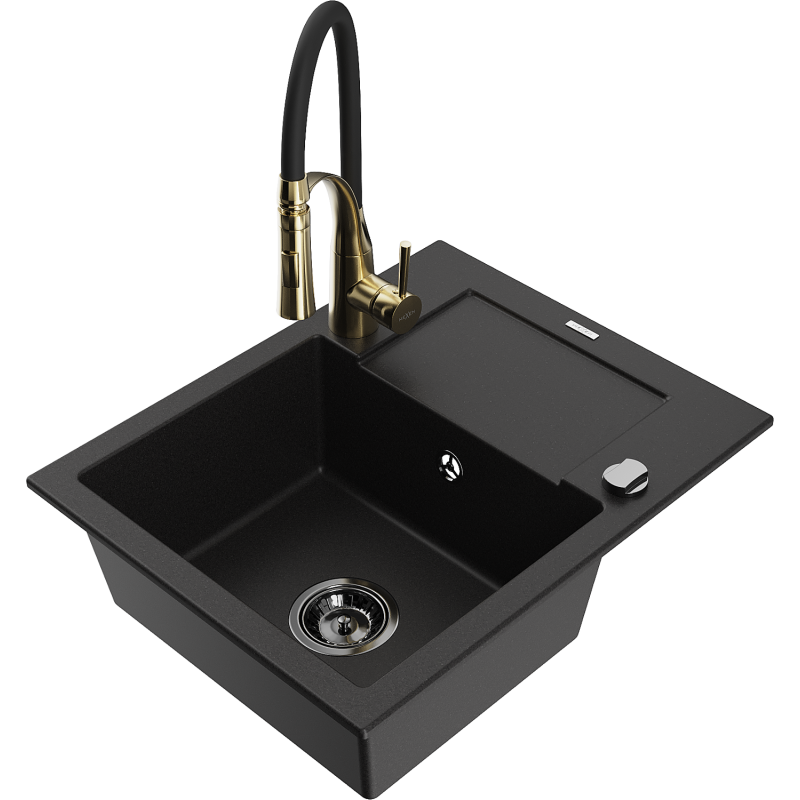 Mexen Enzo granite sink 1-bowl with drainer and Aster kitchen tap, black - 6506-77-73450-57-B