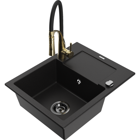 Mexen Enzo 1-compartment granite sink with drainer and Aster kitchen faucet, black - 6506-77-73450-57-B