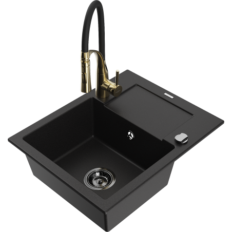 Mexen Enzo granite kitchen sink 1-bowl with drainer and kitchen faucet Aster, black - 6506-77-73450-57-B
