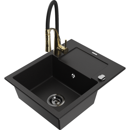 Mexen Enzo granite sink 1-bowl with drainer and Aster kitchen tap, black - 6506-77-73450-57-B