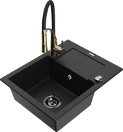 Mexen Enzo 1-compartment granite sink with drainer and Aster kitchen faucet, black - 6506-77-73450-57-B