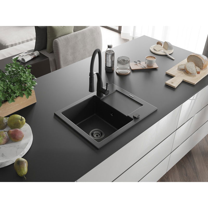 Mexen Enzo granite sink 1-bowl with drainer and Aster kitchen tap, black - 6506-77-73450-70-B
