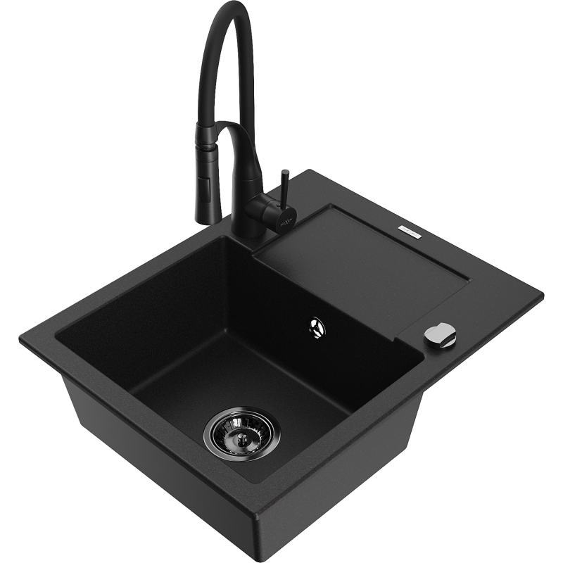 Mexen Enzo 1-compartment granite sink with a drip tray and kitchen mixer tap Aster, Black - 6506-77-73450-70-B