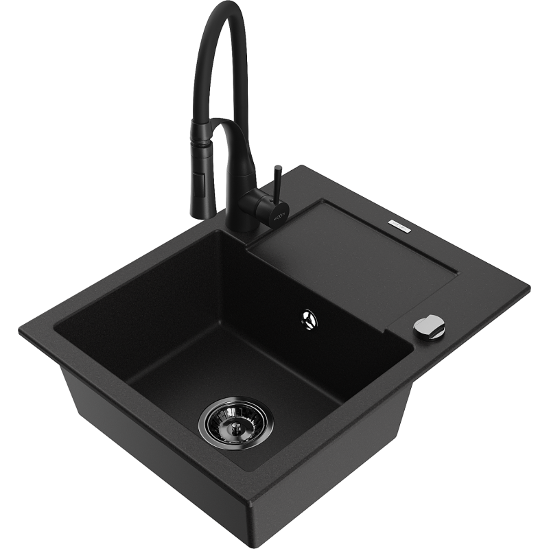 Mexen Enzo granite sink 1-bowl with drainer and Aster kitchen tap, black - 6506-77-73450-70-B