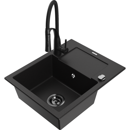 Mexen Enzo 1-compartment granite sink with a drip tray and kitchen mixer tap Aster, Black - 6506-77-73450-70-B