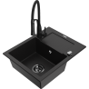 Mexen Enzo 1-bowl granite sink with drainer and Aster kitchen faucet, black - 6506-77-73450-70-B