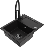 Mexen Enzo 1-bowl granite sink with drainer and Aster kitchen faucet, black - 6506-77-73450-70-B