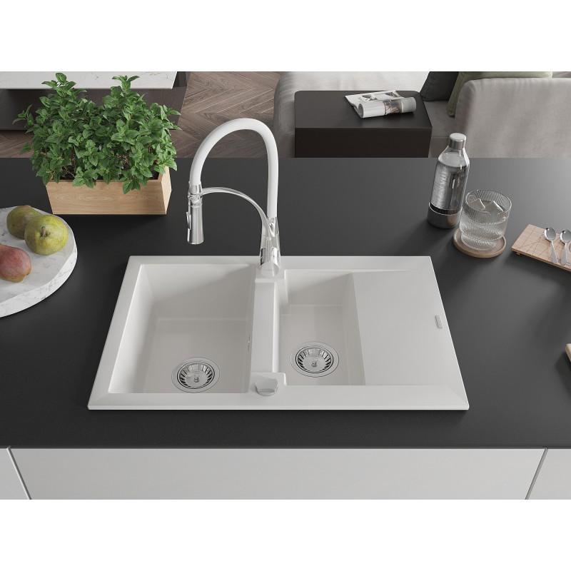 Mexen Gaspar granit sink 1.5-bowl with drainer and Aster kitchen faucet, white - 6507-20-73450-02
