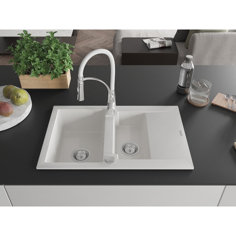 Mexen Gaspar granite sink 1.5-bowl with drainer and Aster kitchen faucet, white - 6507-20-73450-02