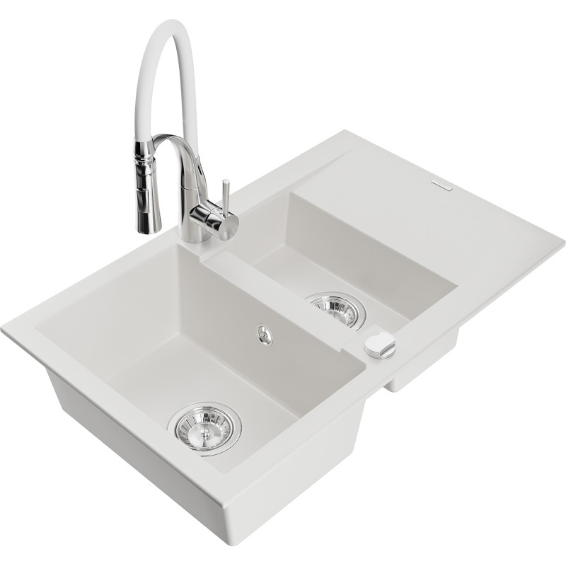 Mexen Gaspar granit sink 1.5-bowl with drainer and Aster kitchen faucet, white - 6507-20-73450-02