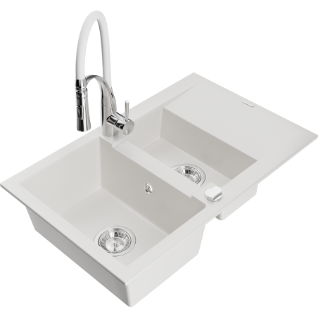 Mexen Gaspar granite sink 1.5-bowl with drainer and Aster kitchen faucet, white - 6507-20-73450-02
