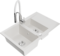 Mexen Gaspar granit sink 1.5-bowl with drainer and Aster kitchen faucet, white - 6507-20-73450-02